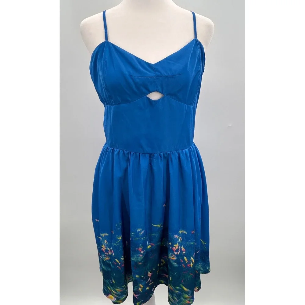 L'Amour by Nanette Lepore Blue Cutout Sundress with Pockets Ocean Print Tropical